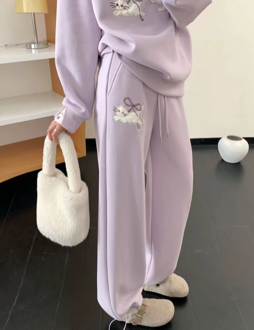 冬季阔腿裤保暖 蝴蝶结小猫咪 休闲裤高腰运动裤加绒休闲裤长裤