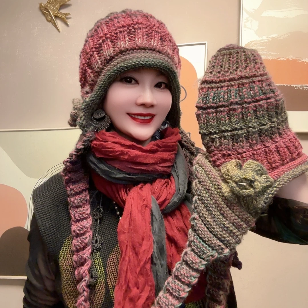 秋冬民族风护耳帽流苏配饰羊毛线手工钩花针织洋气时尚渐变彩色