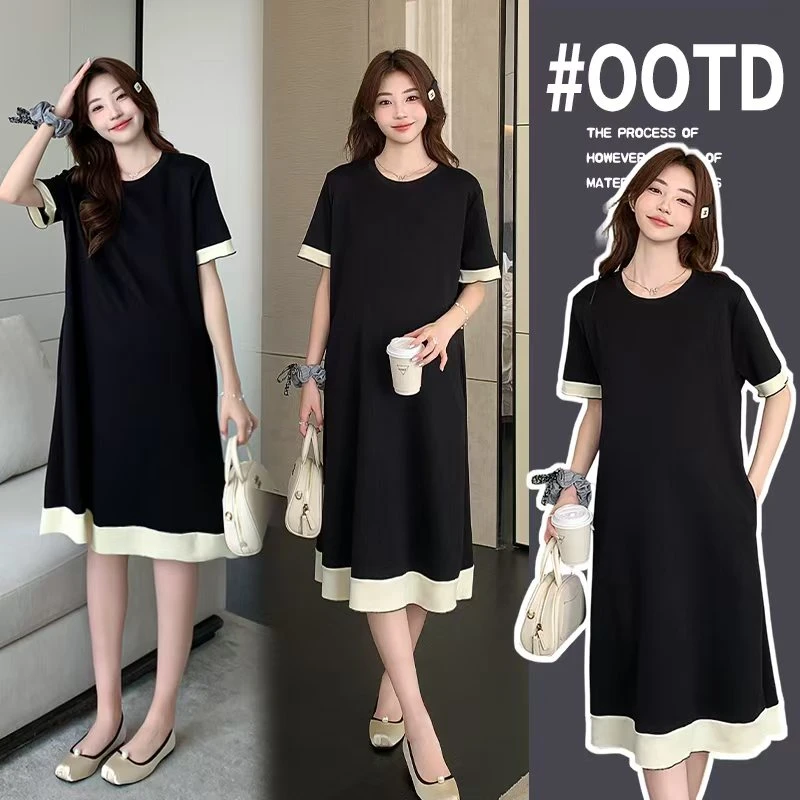 孕妇装夏季2025法式圆领短袖孕妇连衣裙洋气气质韩版长款短款裙
