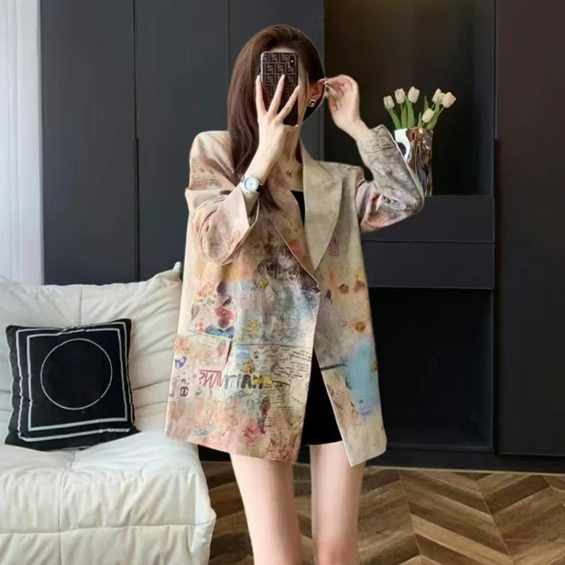 复古港风休闲中长西装外套春季新款设计感不规则渲染宽松显瘦外套