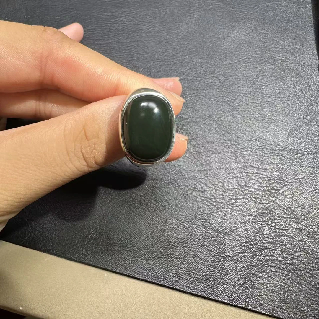 和田玉青玉银镶嵌戒指