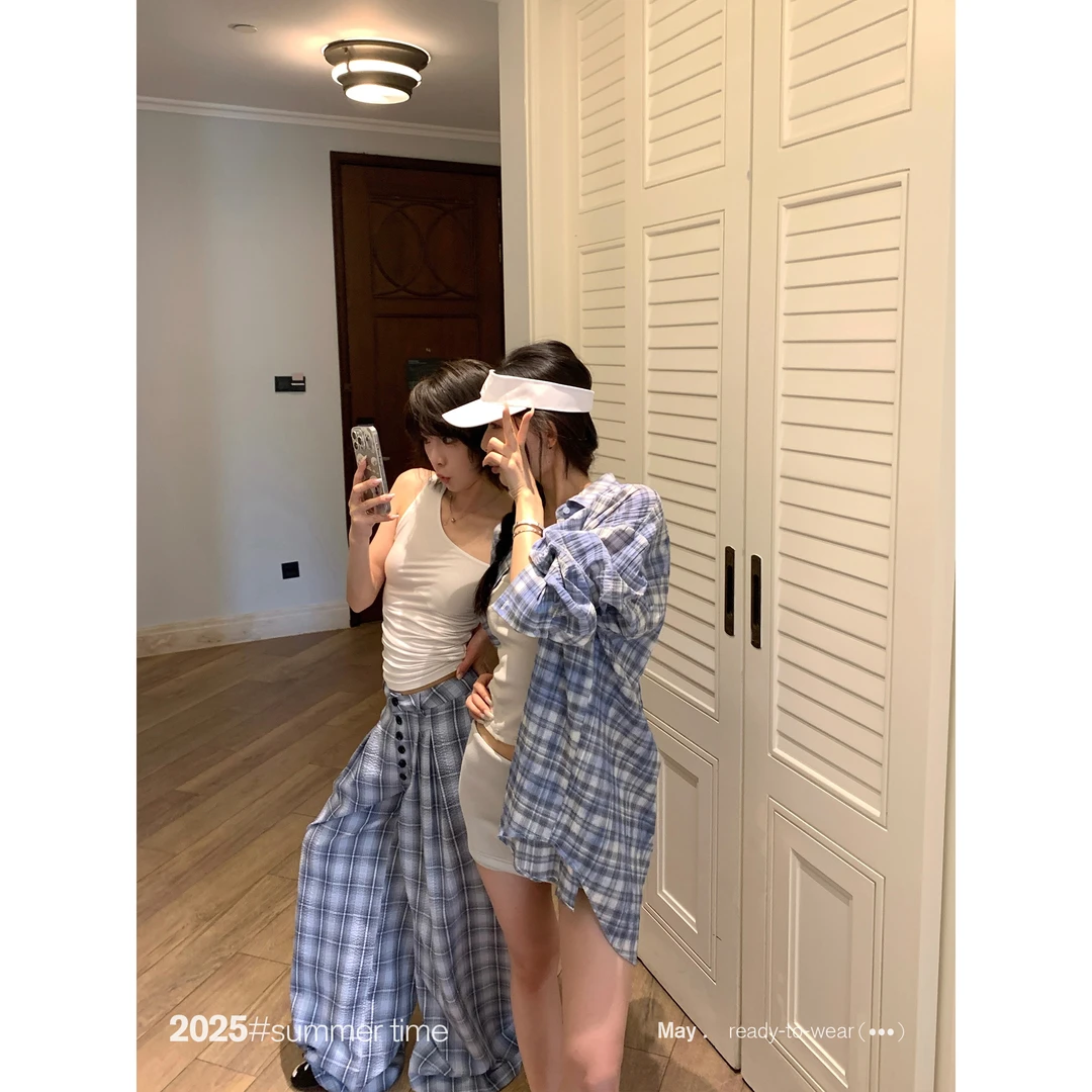 SUNONEONE 纽扣褶皱格子休闲裤女夏宽松薄款垂感阔腿裤子H1087K