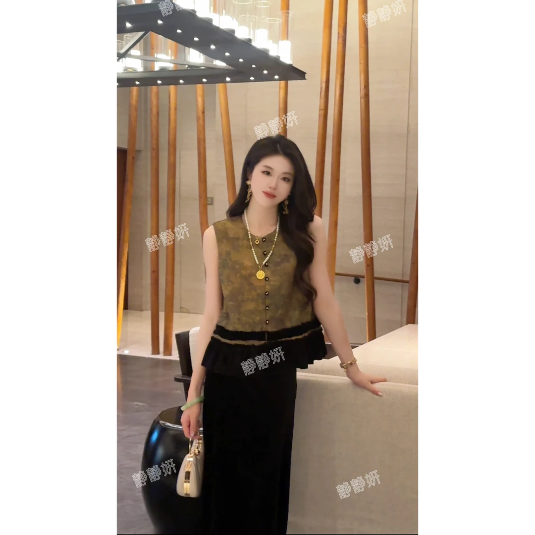 秋上新新中式气质显瘦百搭马甲半身裙套装