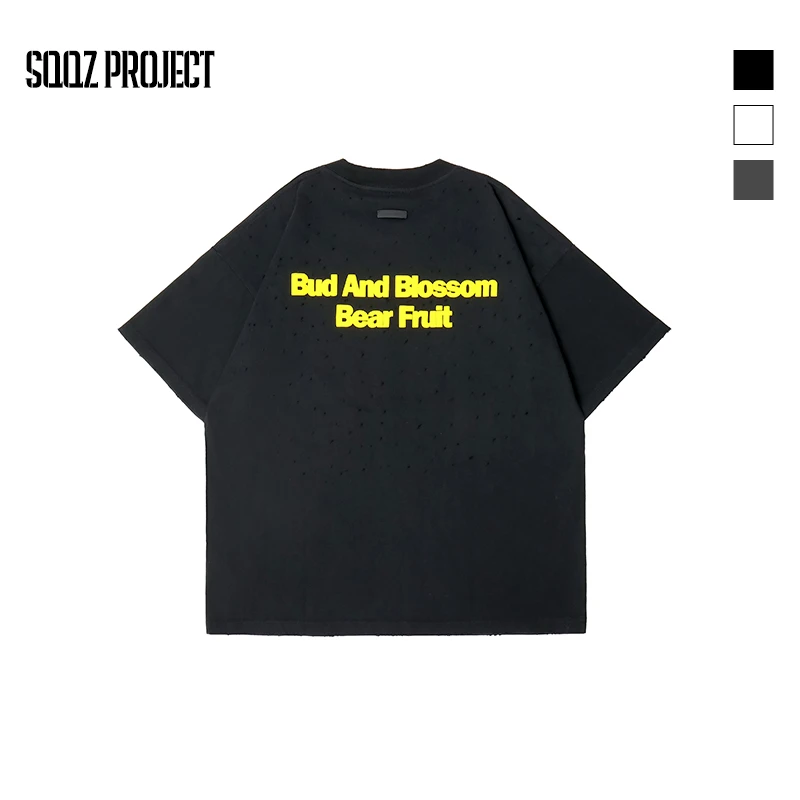 SQQZ PROJECT春夏280G撞色字母破洞短袖T恤情侣款鸡米花工作室
