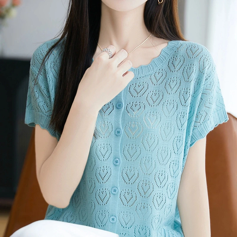 花边圆领短袖女2025夏季新款莱赛尔天丝开衫薄款镂空微透纯色上衣