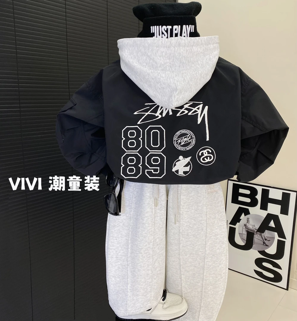 VIVI童装 2025春款潮流中大童时尚黑色洋气连帽棒球服外套欧若风