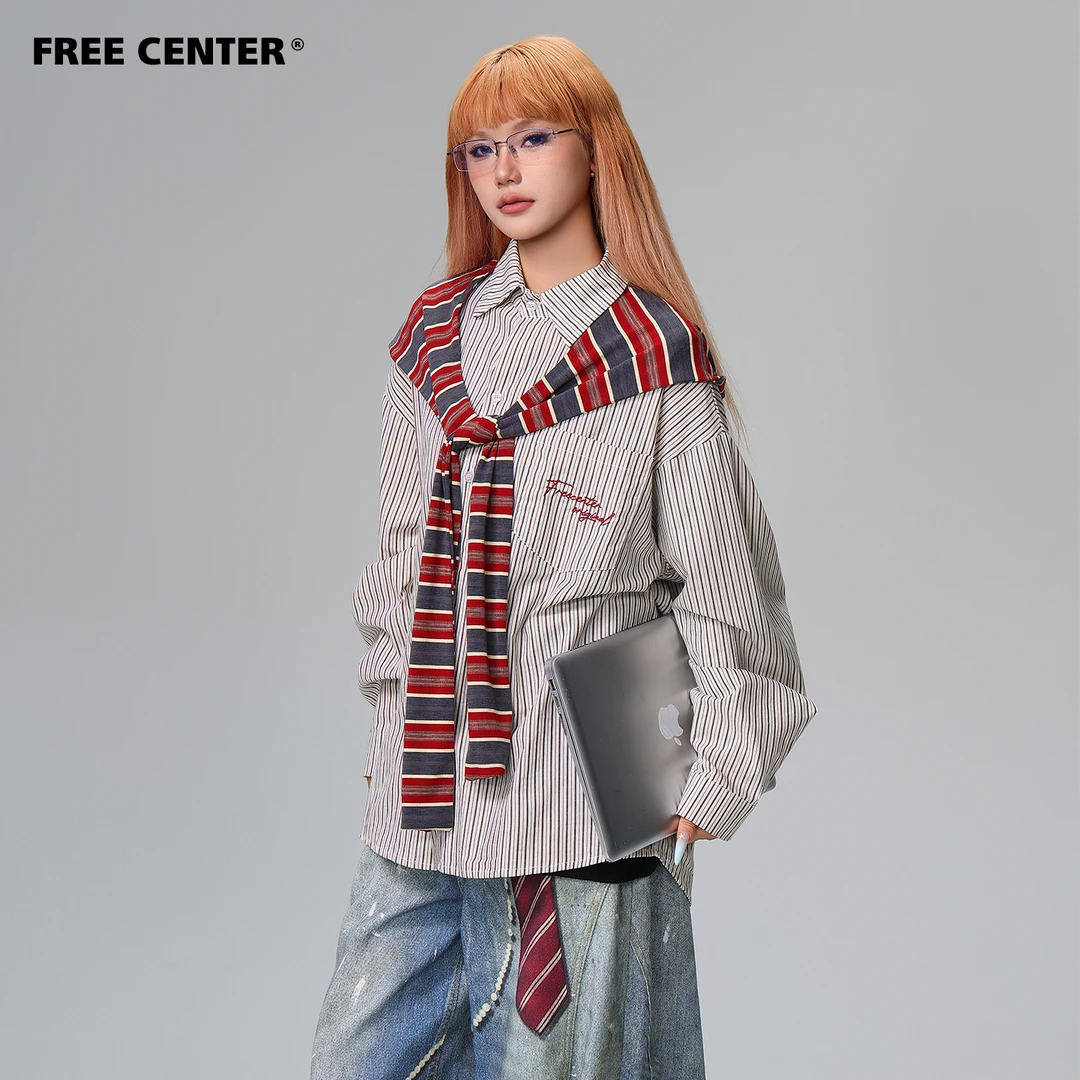 Free Center美式复古条纹衬衫男女可拆卸披肩连帽学院慵懒风衬衣