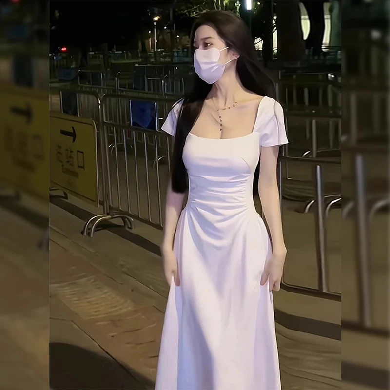 白色修身法式收腰短袖连衣裙女夏季爆款2025新款裙子高级感小白裙