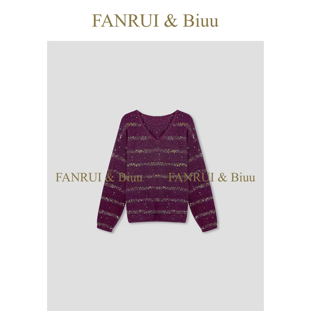 FANRUI/泛芮「流星雨」羊毛混纱细闪V领洋气百搭显瘦针织毛衣B18344