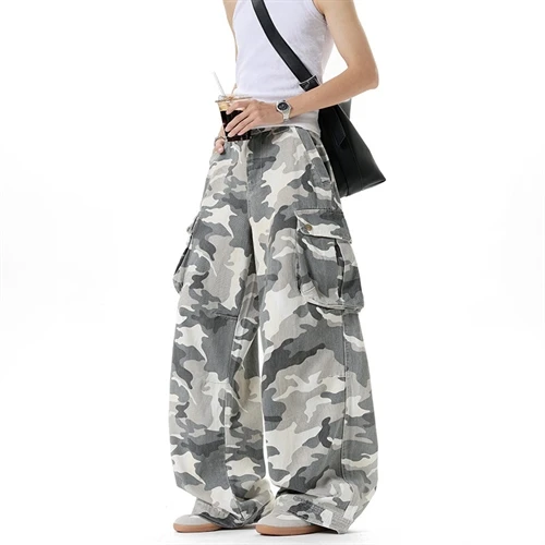 美式雪地黑白工装裤宽松牛仔裤