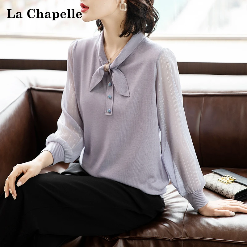 拉夏贝尔妈妈秋装针织上衣打底小衫中年女士纱袖T恤系带气质衣服
