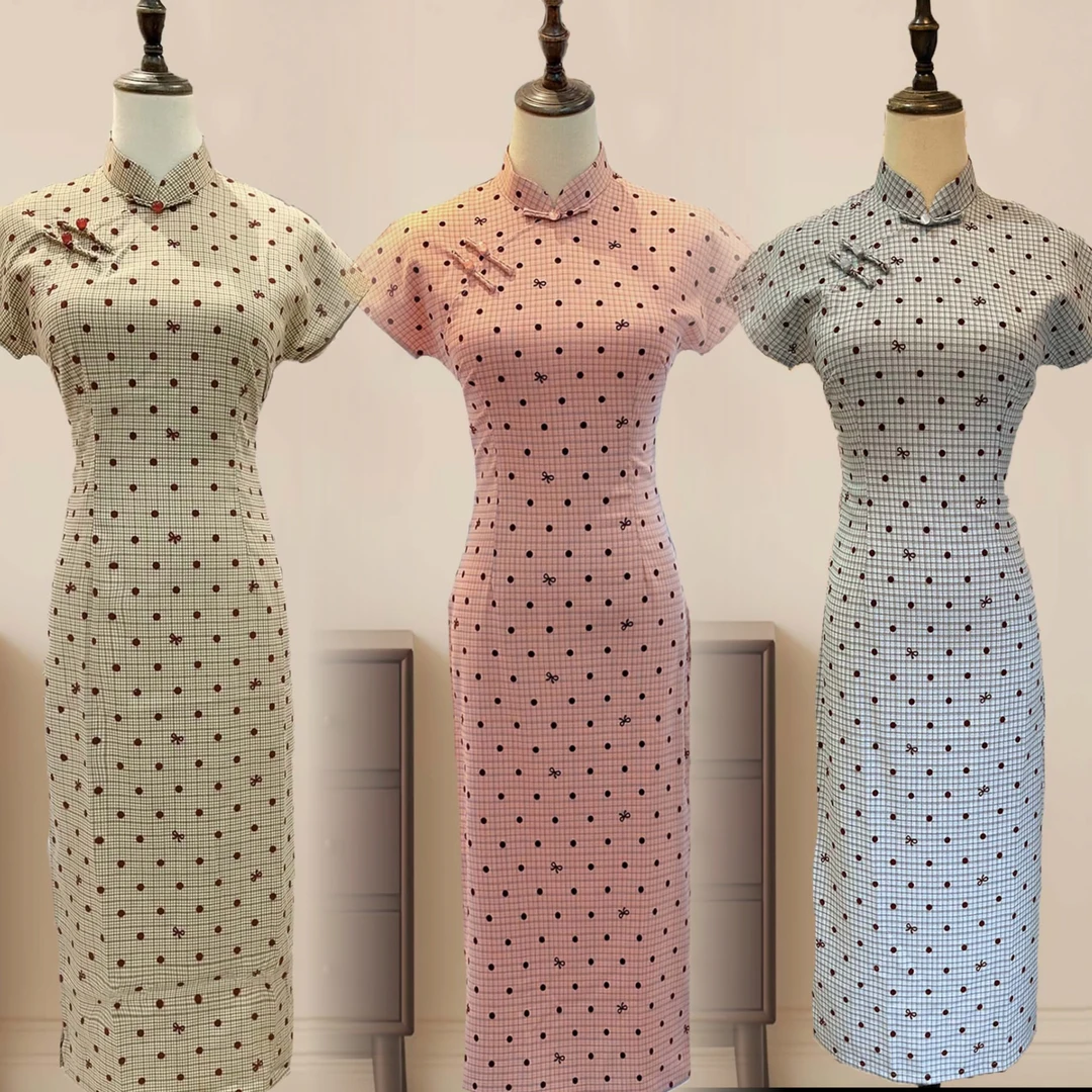 蝴蝶结波点 2025春夏新款格子小个子气质显瘦中国风旗袍裙