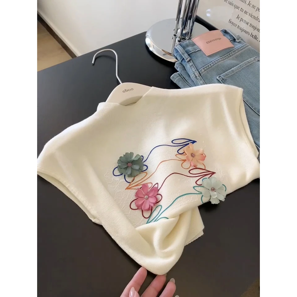 YIGUJIE/依古街设计感重工花朵无袖t恤女2025夏季新款正肩上衣