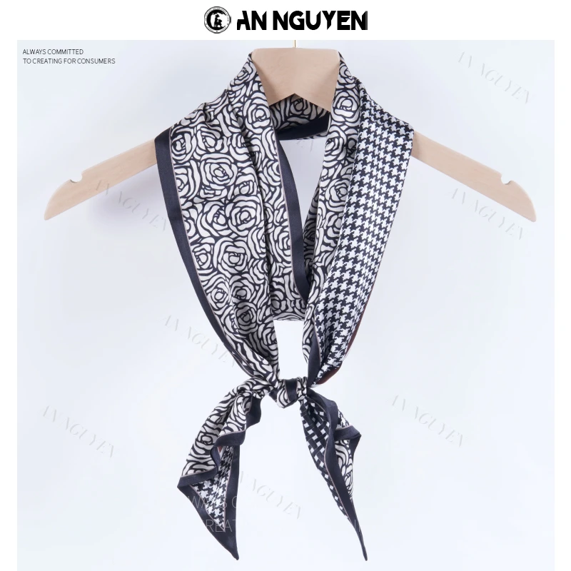 安源新款真丝黑白山茶花长条型小丝巾温柔百搭高级感丝巾150*16cm