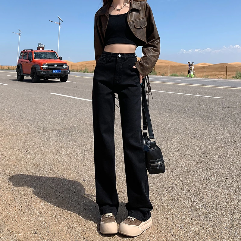 艾格黑色高腰直筒牛仔裤女2025新款爆款弹力窄版烟管裤小个子长裤