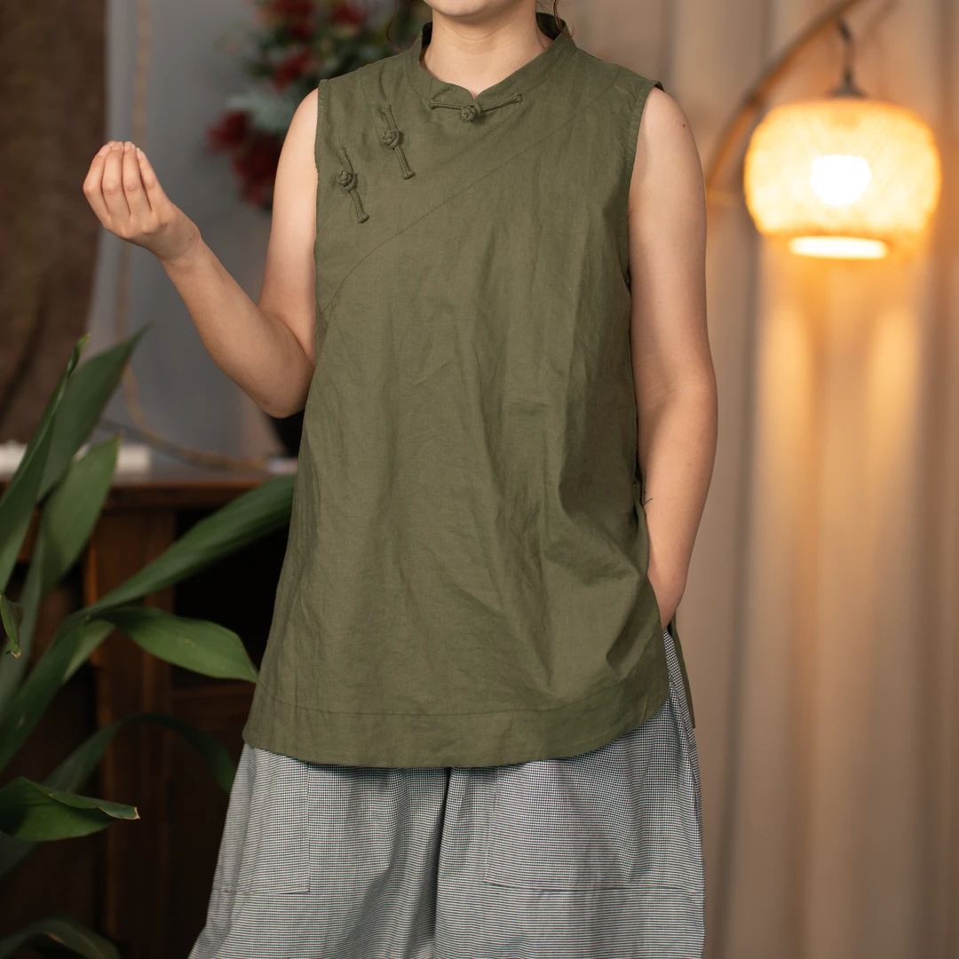 立领民族风复古斜襟中国风文艺夏季新中式无袖马甲三粒扣时尚