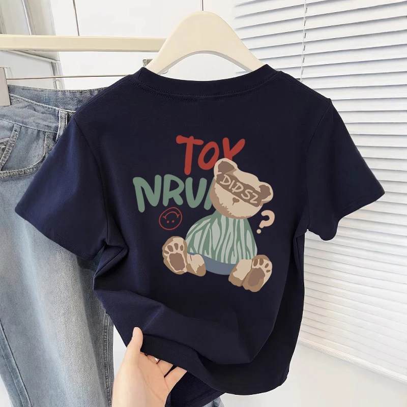 韩版减龄小熊印花圆领正肩短袖t恤女装2025设计感时尚百搭上衣ins