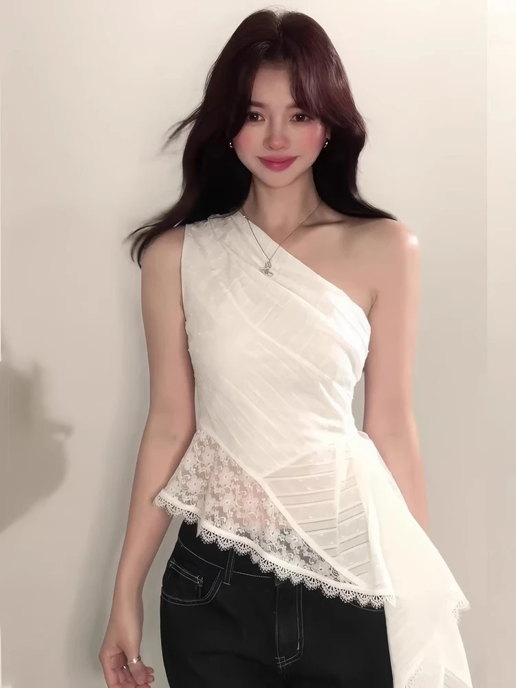 大码胖mm不规则蕾丝拼接斜领露肩无袖上衣女夏季修身显瘦吊带背心