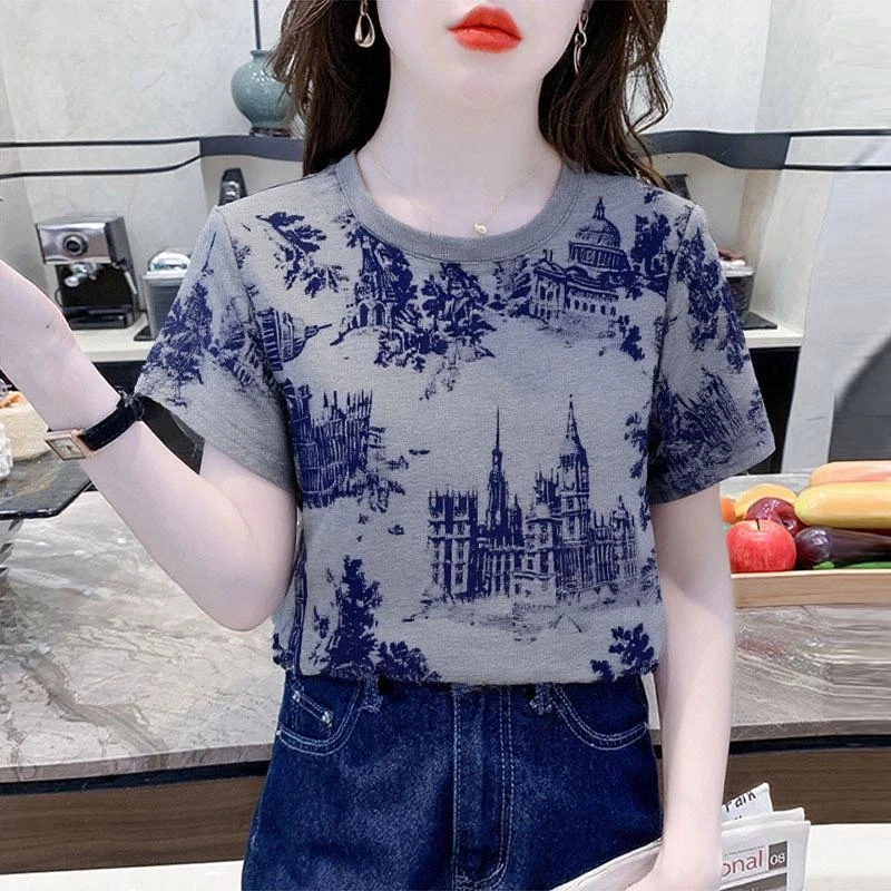 洋气复古印花t恤女士短袖上衣夏季新款体恤ins宽松正肩高级感女装