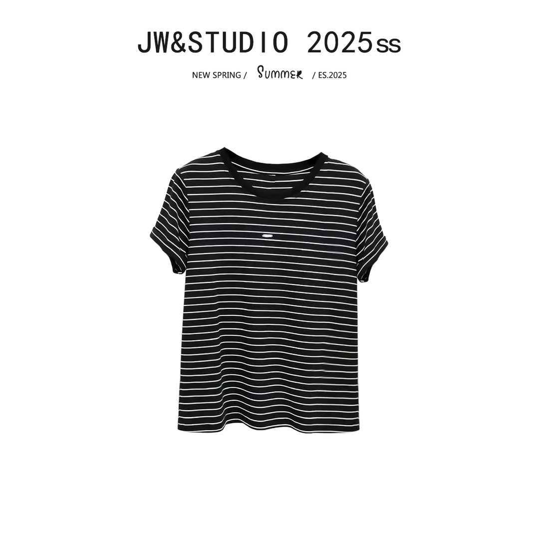 JW/静稳2025春季时尚宽松休闲圆领女款条纹减龄短袖T恤5550171