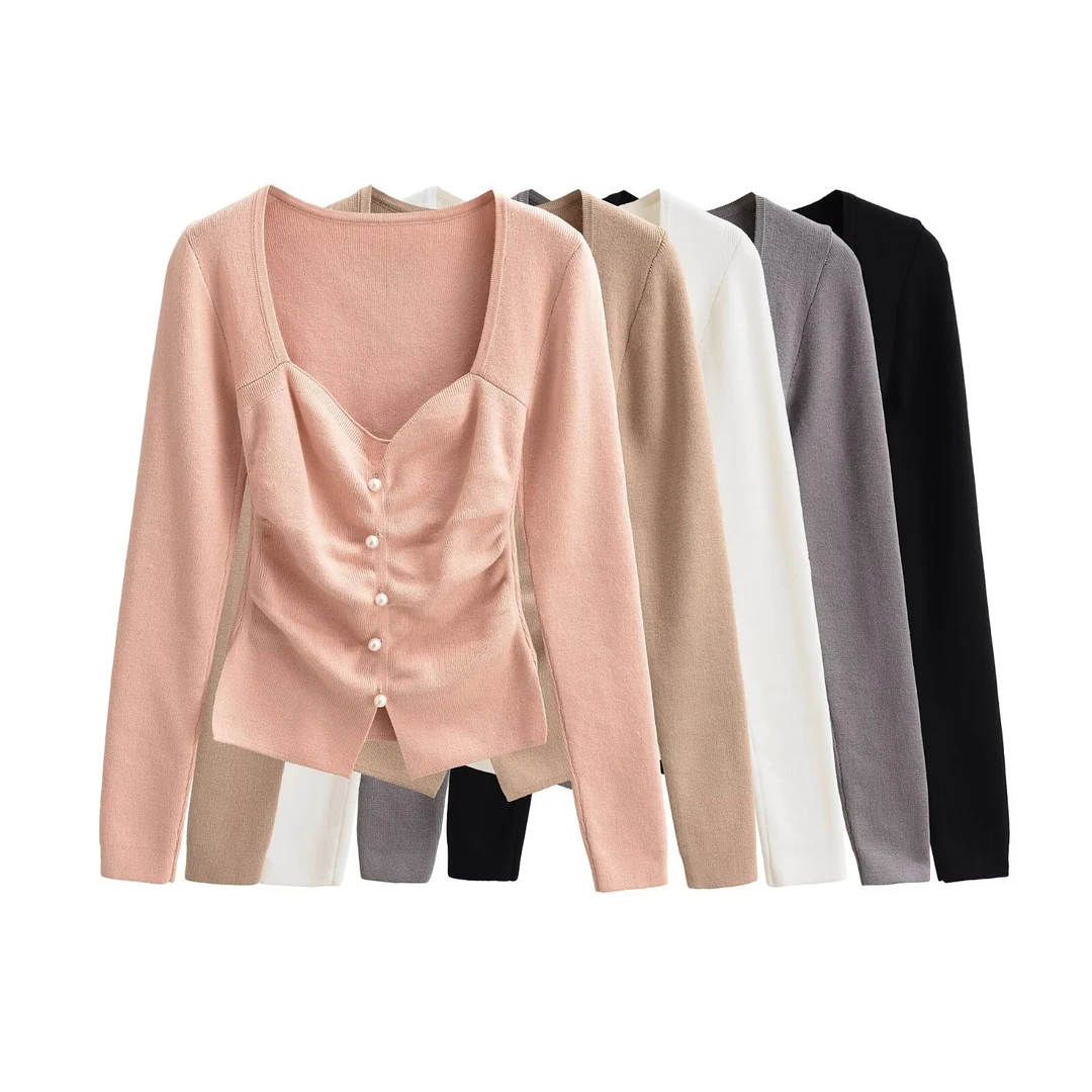 DS-25072方领珍珠扣褶皱针织衫