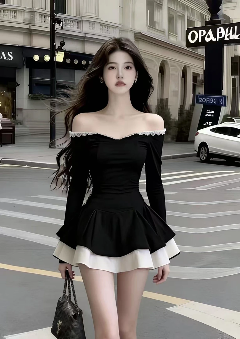 2025冬时尚新款御姐风短裙黑色一字肩露肩长袖收腰气质显瘦连衣裙