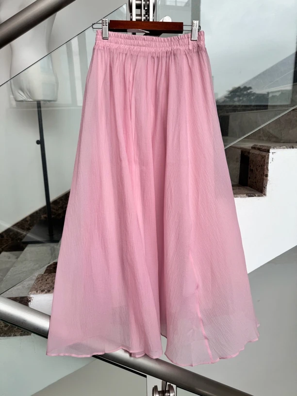 2025新款春秋夏休闲长款A字纯色粉色可爱松紧腰仙仙飘逸半裙