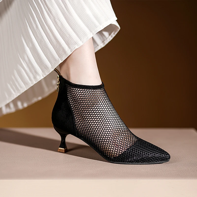 中高跟靴女2025春夏季新款时尚尖头细跟短靴网纱透气裸色镂空网靴