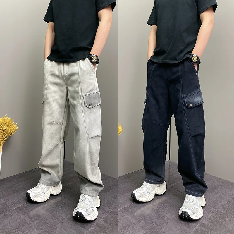 2025冬季新款加绒加厚潮牌工装休闲弯刀牛仔裤男士宽松阔腿长裤潮