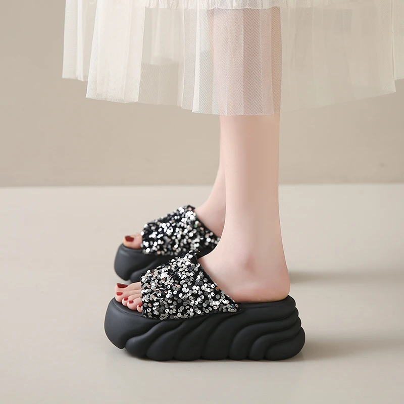 34码拖鞋女夏外穿小个子厚底增高夏季2025新款百搭时尚亮片凉拖鞋