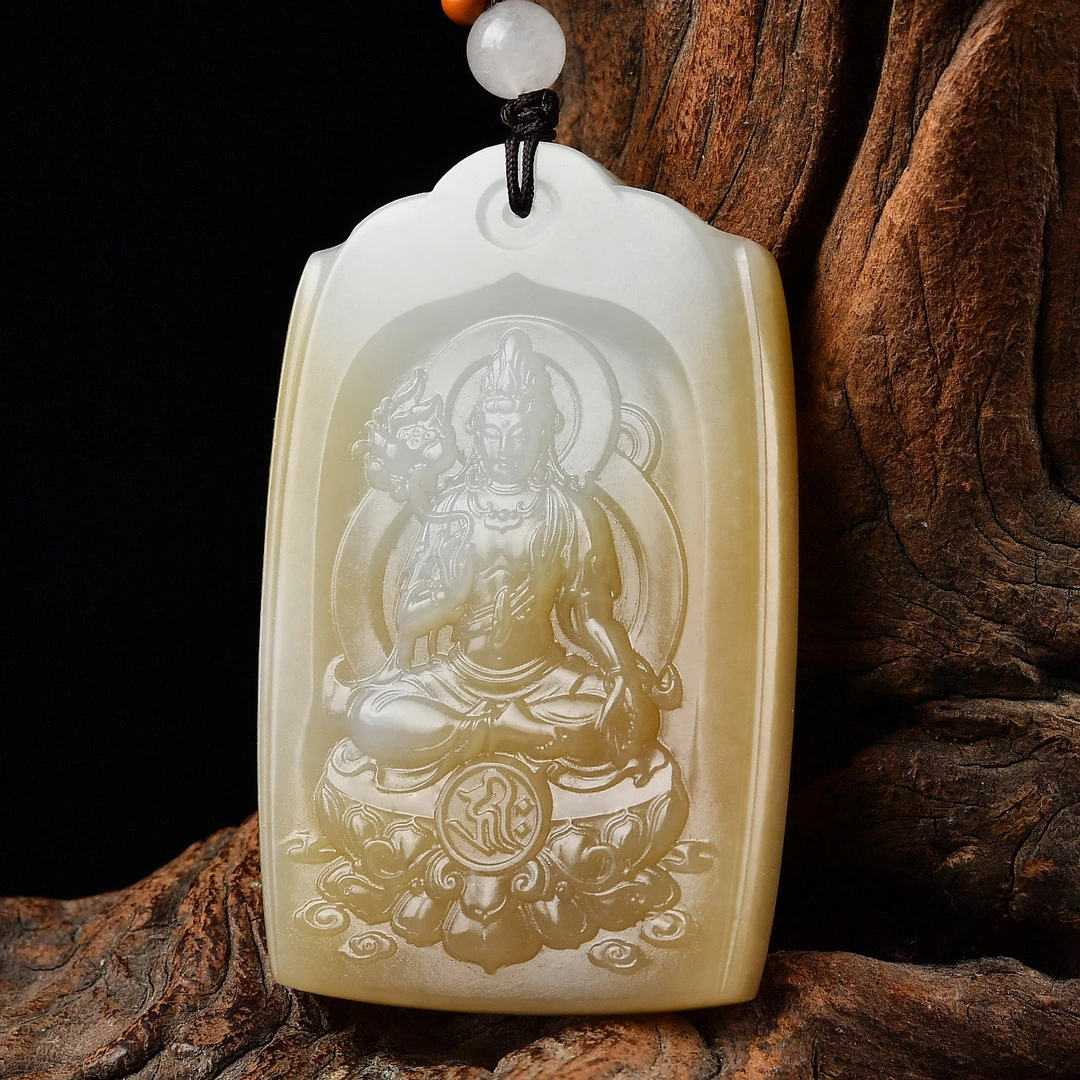 天然和田玉俏糖色观音吊坠 莲花观音挂坠