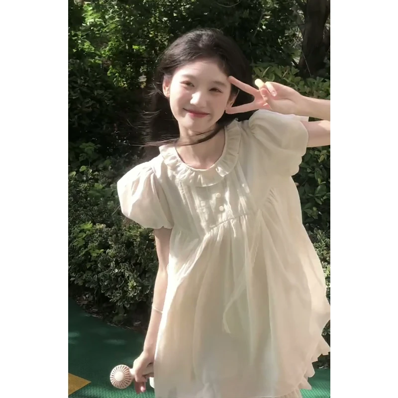 连衣裙女2025夏季新款法式气质收腰显瘦娃娃领花苞袖蓬蓬短款裙子