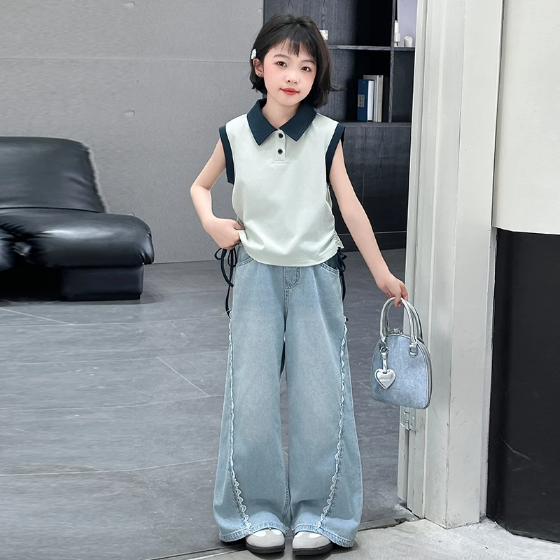 女童套装夏装2025新款儿童无袖Polo衫女大童花边牛仔阔腿裤两件套