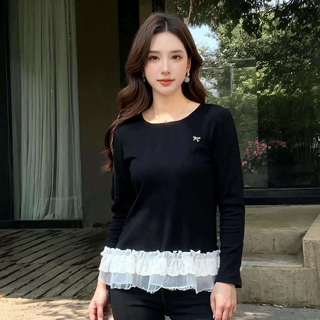 奢姿大码女装2025秋季时尚减龄蕾丝拼接针织衫胖妹妹气质圆领上衣