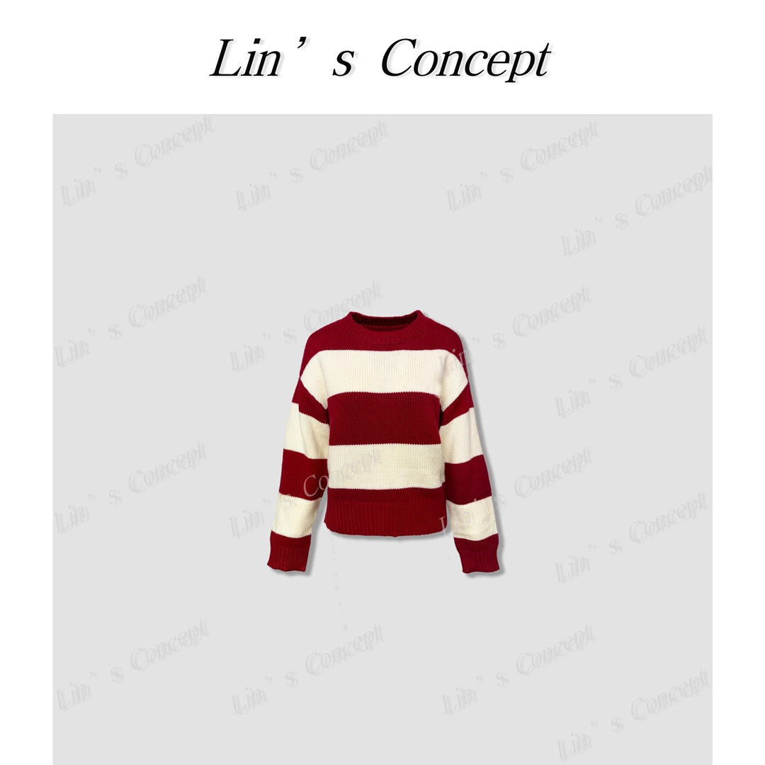 【Lin's concept】极简设计师款撞色条纹圆领毛针织衫 DL2404708