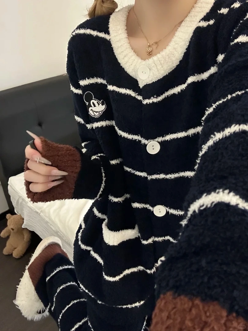 韩系条纹米奇慵懒风针织半边绒睡衣女冬季套装保暖家居服可外穿