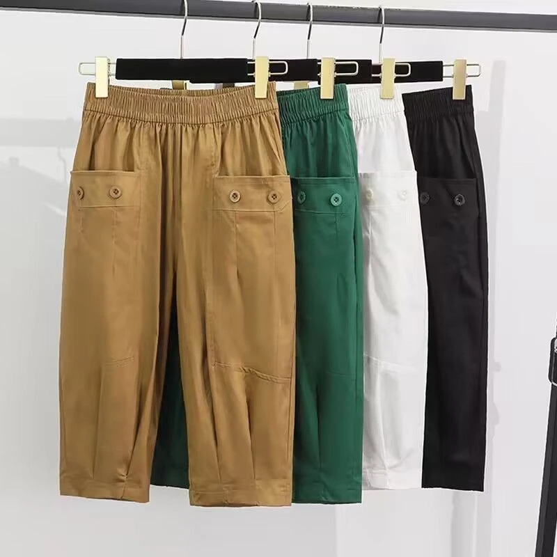 夏季新款高腰休闲女七分裤时尚百搭显瘦哈伦裤天丝大码松紧腰女裤