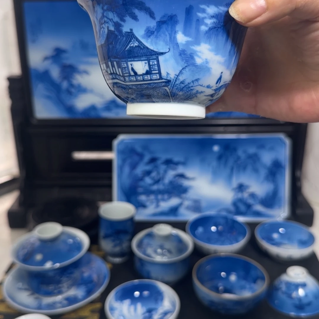 瓷片2****1青花山水盖碗