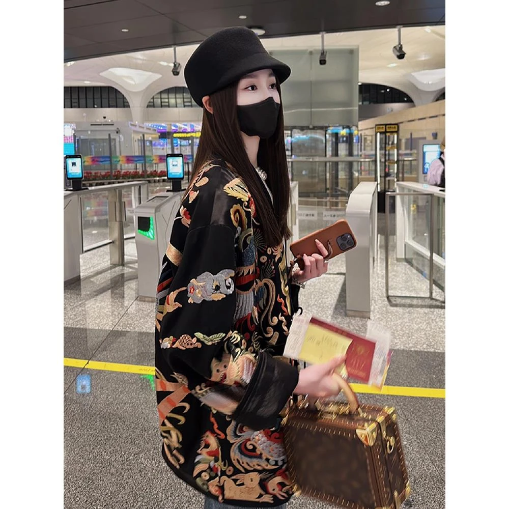 小众设计小众高级新中式女装国风唐装上衣黑色印花外套女秋季2025