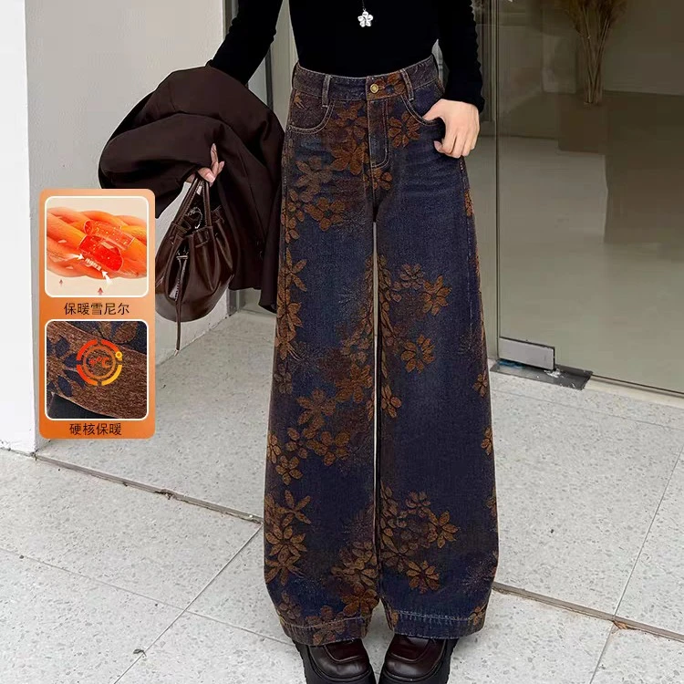 复古蓝雪尼尔花朵高腰直筒休闲秋冬时尚牛仔裤