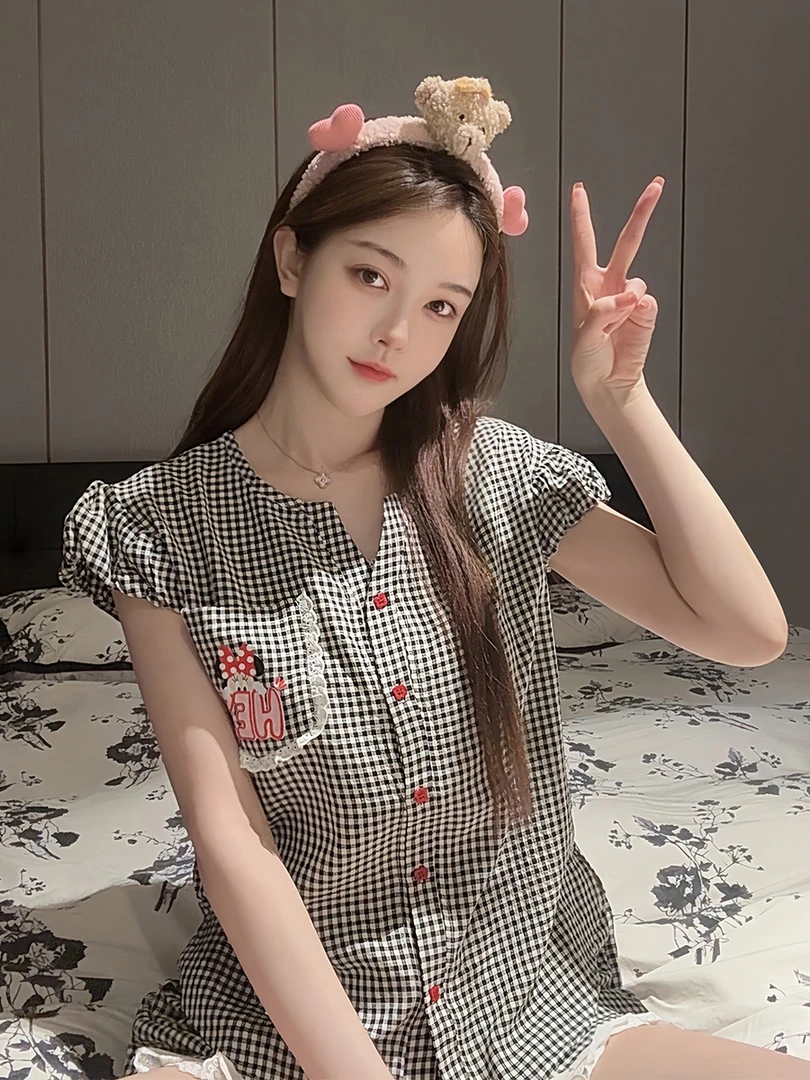 Disney/迪士尼大榕家大刘eva【格子米妮泡泡袖短袖】女款家居服睡衣