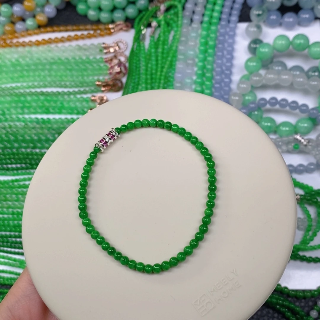 颈饰未镶嵌翡翠缅甸天然翡翠浓阳绿小米珠手链3.6
