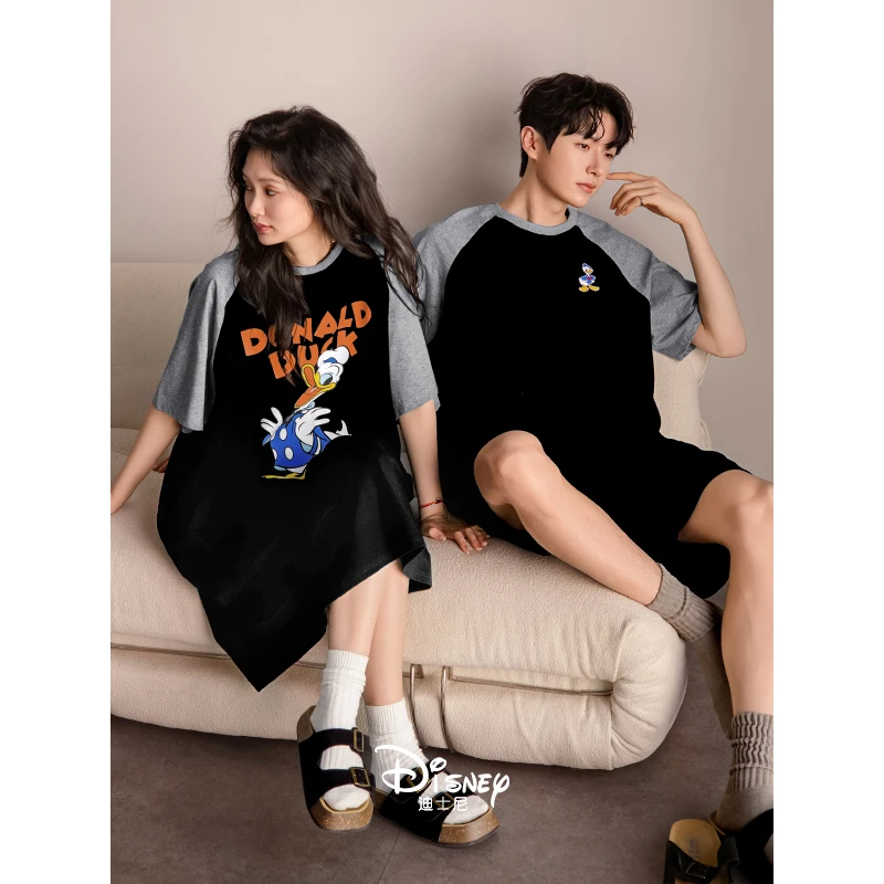 贝妍情侣睡衣女夏季纯棉短袖唐老鸭睡裙男士休闲运动可外穿家居服