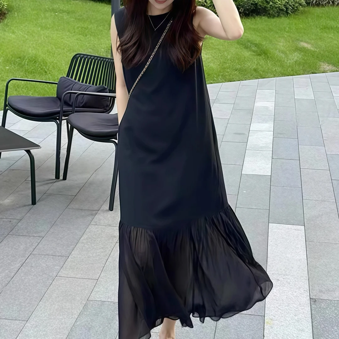 【小个子定制】黑色法式高级感网纱拼接醋酸无袖连衣裙女背心长裙