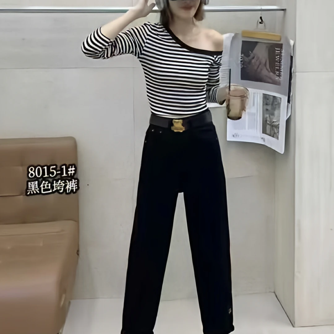 秋季新款黑色高腰遮胯九分百搭萝卜老爹哈伦牛仔裤女8015