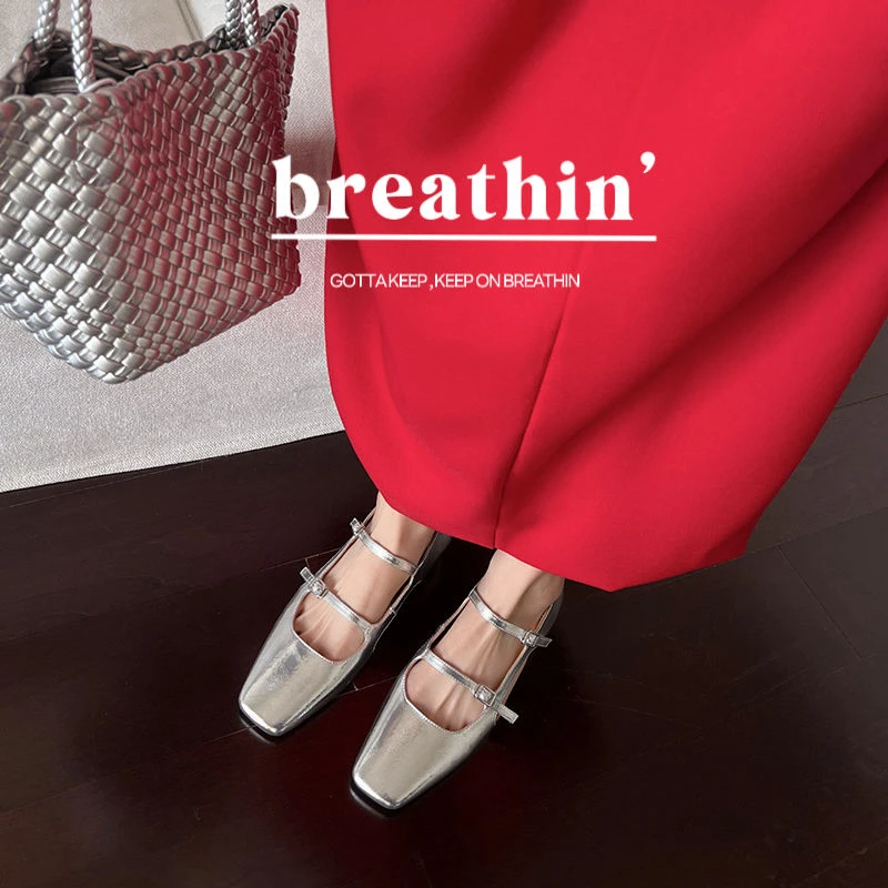 【邓老师】/2cm跟高/2025新款方头玛丽珍单鞋女平底一字扣带仙女风