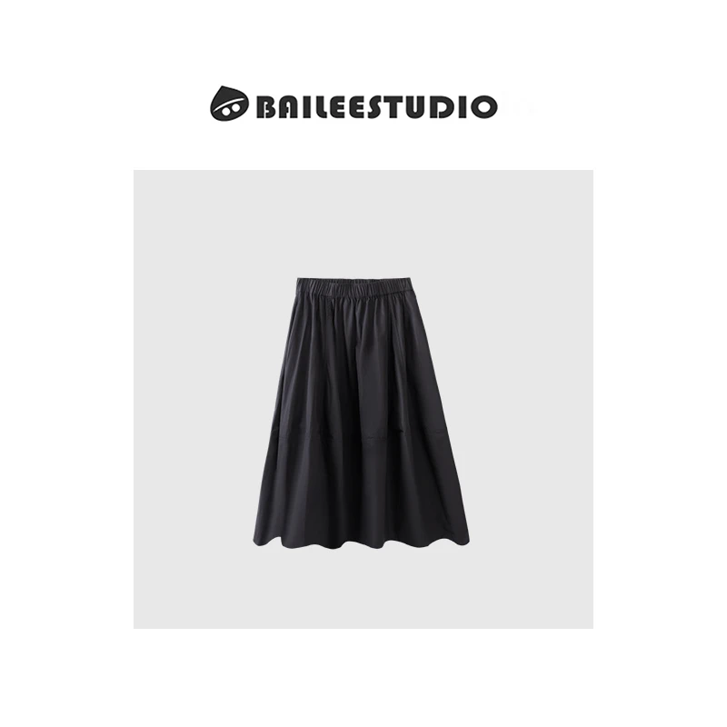 【柏栗良品】2025春夏新品~气质百搭松紧腰简约黑色半身裙S017