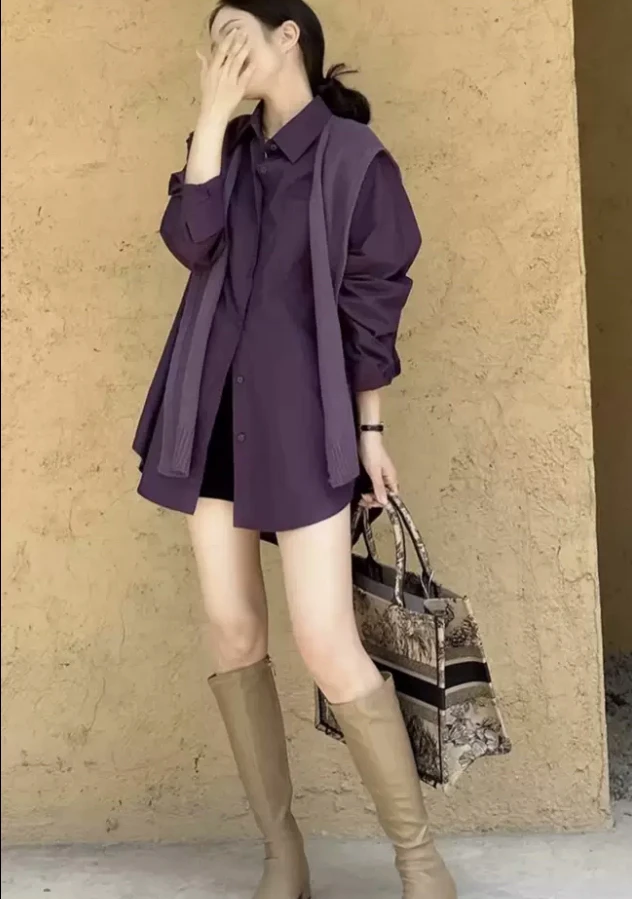 春秋复古设计感宽松长袖衬衫韩版针织披肩两件套