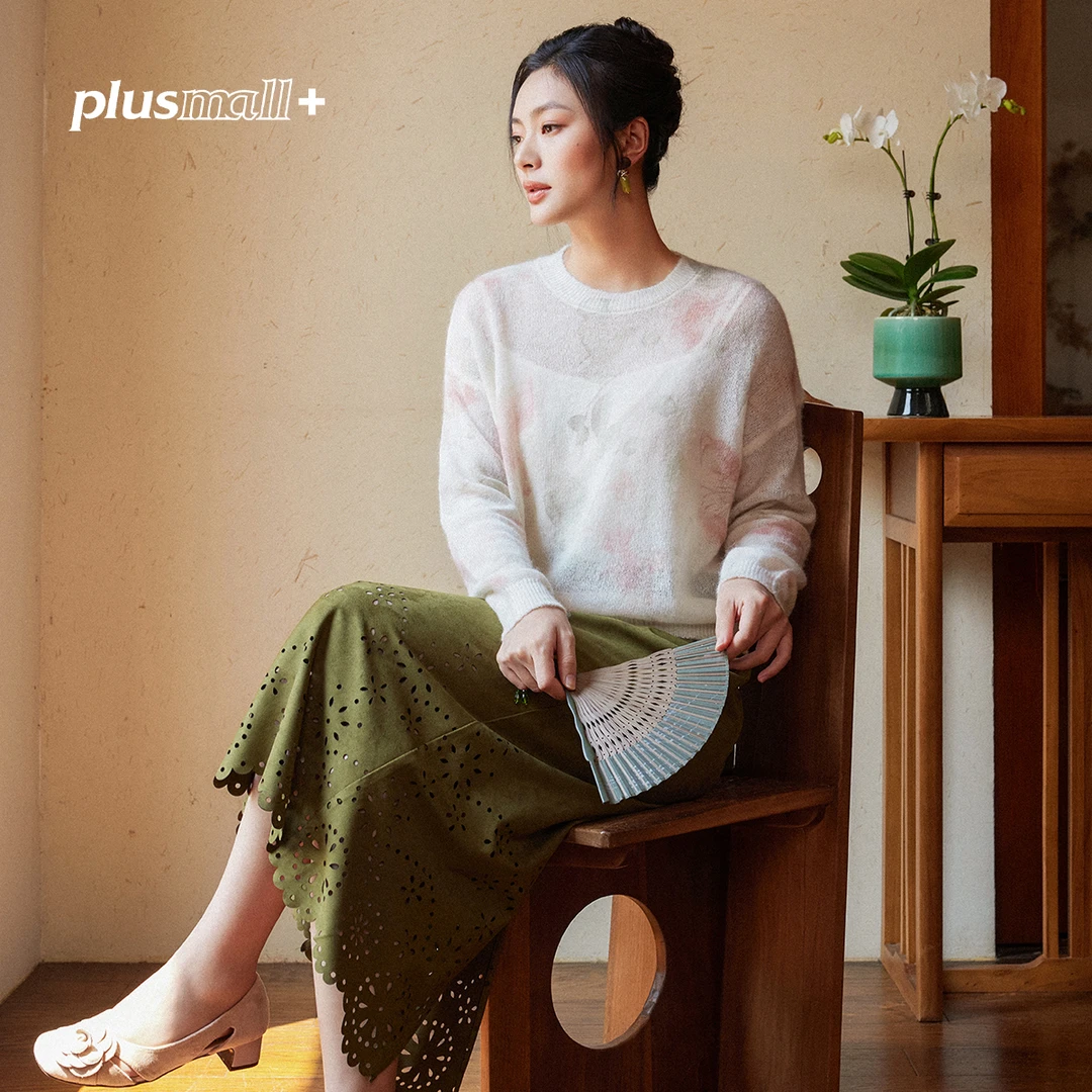 PLUSMALL 云岫竹风 国风印花毛衫水墨晕染圆领针织上衣PM2509001