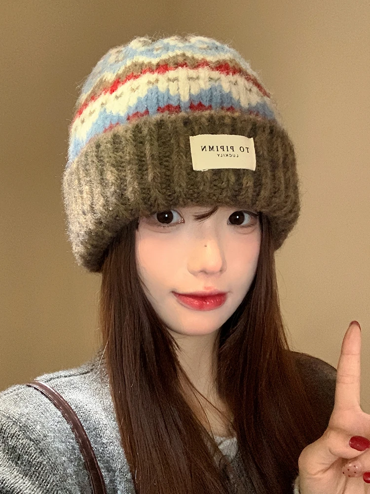 复古针织毛线帽女秋冬季保暖百搭护耳帽子宽松显脸小包头帽